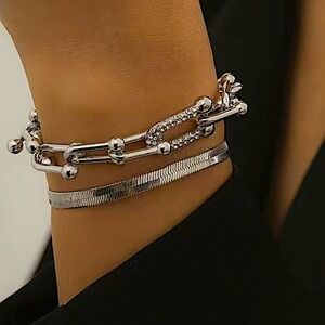 Sterling Silver U Link Rhinestone Multilayer Two Piece Herringbone Bracelet